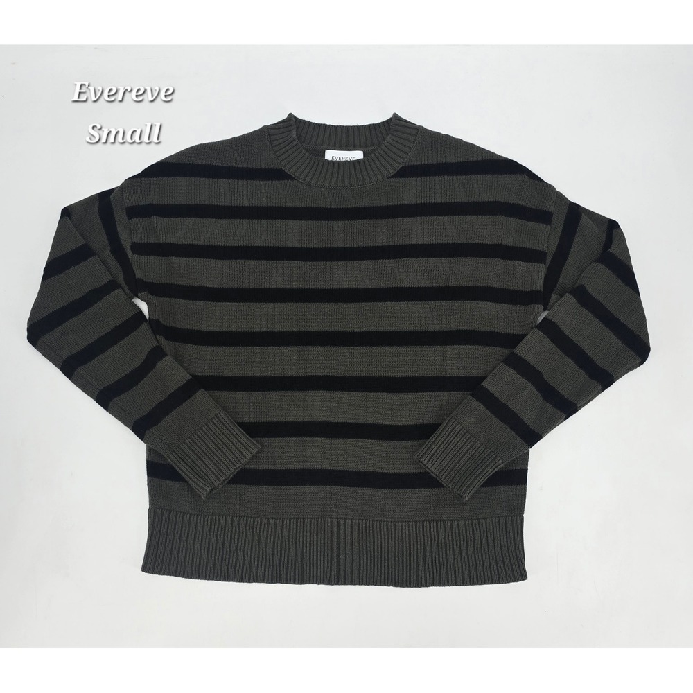 EVEREVE Olive Green Black Striped Crewneck Sweater Coastal Preppy Minimalist